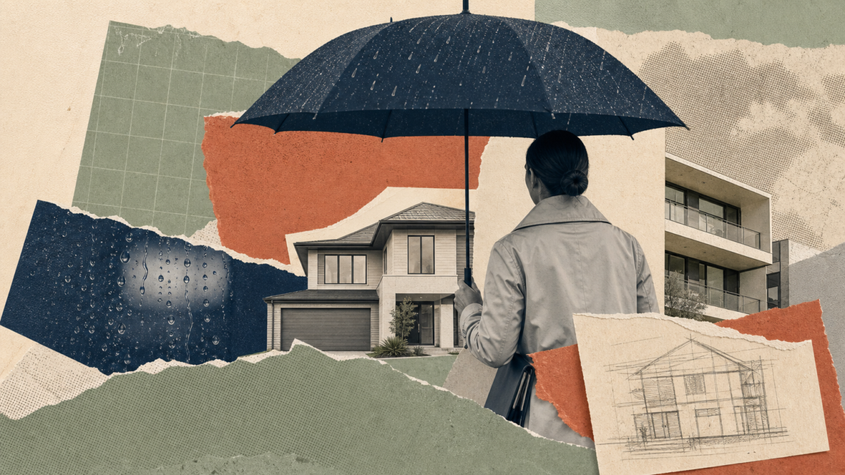 Real estate agent sheltering under an umbrella in the rain, surrounded by collaged houses