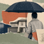 Real estate agent sheltering under an umbrella in the rain, surrounded by collaged houses