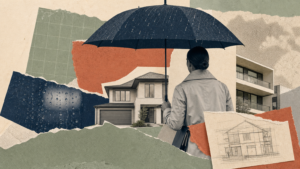 Real estate agent sheltering under an umbrella in the rain, surrounded by collaged houses