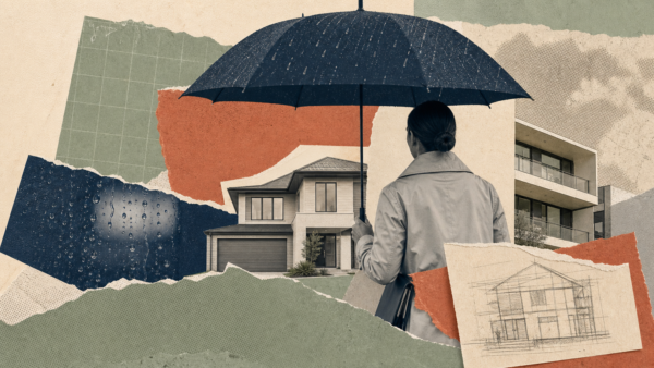 Real estate agent sheltering under an umbrella in the rain, surrounded by collaged houses
