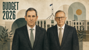 Budget 2026 – Treasurer Jim Chalmers and Prime Minister Anthony Albanese in front of Parliament House