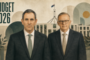 Budget 2026 – Treasurer Jim Chalmers and Prime Minister Anthony Albanese in front of Parliament House