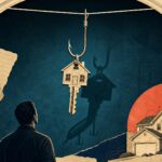 A pristine suburban house key hanging from a fishing hook on a taut line against a deep, dark digital-blue field, the hook's shadow revealing the lure beneath the promise.