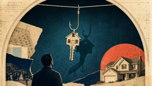 A pristine suburban house key hanging from a fishing hook on a taut line against a deep, dark digital-blue field, the hook's shadow revealing the lure beneath the promise.
