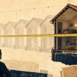 A suburban Australian house shown in cutaway cross-section, with a long precise measuring tape stretched taut from its cracked wall back across ten evenly spaced ghosted outlines of the same house receding into the distance, suggesting responsibility traced back through time.