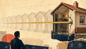 A suburban Australian house shown in cutaway cross-section, with a long precise measuring tape stretched taut from its cracked wall back across ten evenly spaced ghosted outlines of the same house receding into the distance, suggesting responsibility traced back through time.
