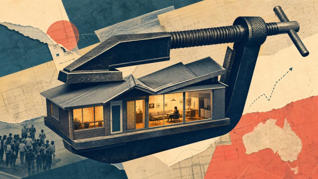 A suburban Australian house rendered as a tightening ratchet clamp, its two jaws slowly compressing the rooftop while the household interior stays lit and orderly inside — pressure applied, life continuing.