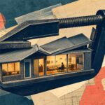 A suburban Australian house rendered as a tightening ratchet clamp, its two jaws slowly compressing the rooftop while the household interior stays lit and orderly inside — pressure applied, life continuing.