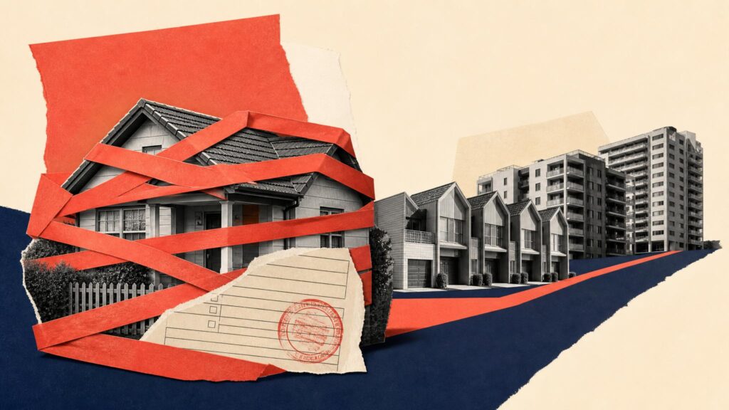 A single suburban house wrapped tightly in layers of red tape and rubber-stamped paperwork, while townhouses and mid-rise apartment blocks queue behind it waiting to emerge.