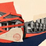 A single suburban house wrapped tightly in layers of red tape and rubber-stamped paperwork, while townhouses and mid-rise apartment blocks queue behind it waiting to emerge.
