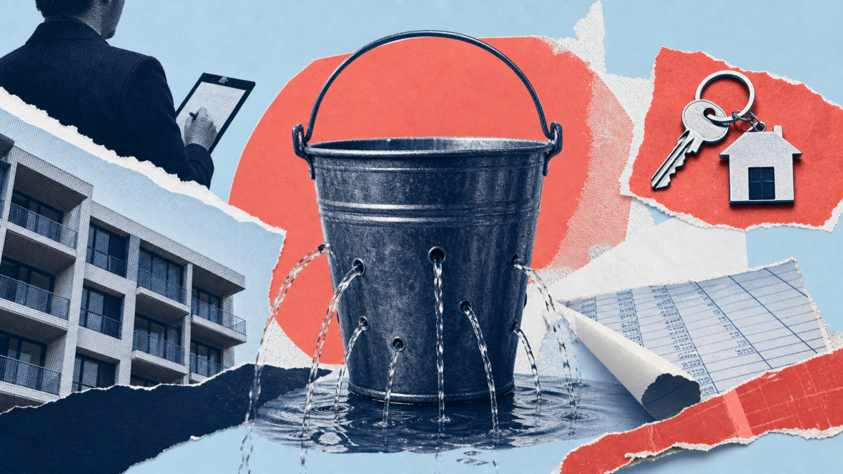 Collage of a metal bucket leaking water from many holes, surrounded by an apartment building, house keys and a fee ledger