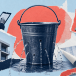 Collage of a metal bucket leaking water from many holes, surrounded by an apartment building, house keys and a fee ledger