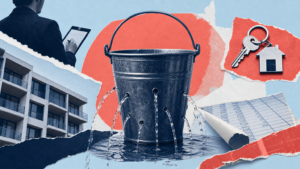 Collage of a metal bucket leaking water from many holes, surrounded by an apartment building, house keys and a fee ledger