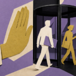 Cut-paper collage of a large hand stopping office workers from leaving through a revolving door