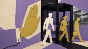 Cut-paper collage of a large hand stopping office workers from leaving through a revolving door