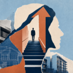 Collage of a salesperson climbing stairs toward an upward arrow inside the silhouette of a head, surrounded by houses and apartment buildings