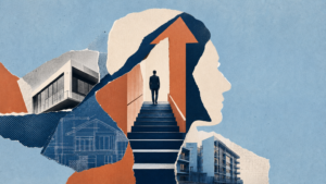 Collage of a salesperson climbing stairs toward an upward arrow inside the silhouette of a head, surrounded by houses and apartment buildings