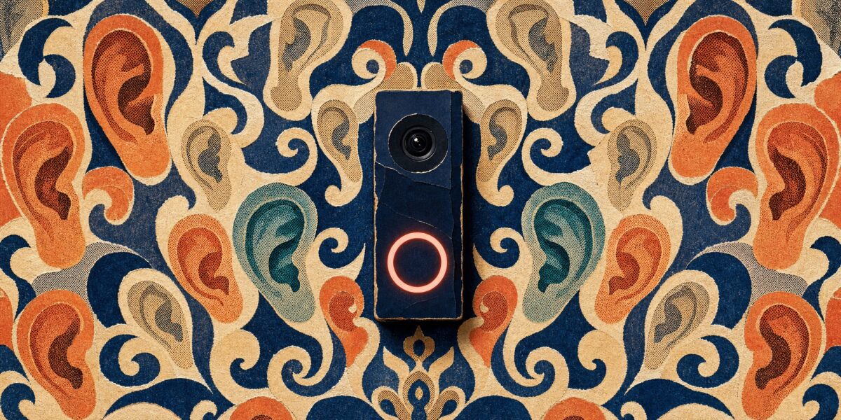 Cut-paper collage illustration of heritage wallpaper patterned with human ears, with a video doorbell camera mounted at the centre