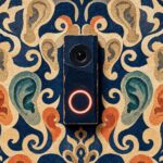 Cut-paper collage illustration of heritage wallpaper patterned with human ears, with a video doorbell camera mounted at the centre