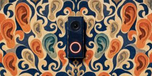 Cut-paper collage illustration of heritage wallpaper patterned with human ears, with a video doorbell camera mounted at the centre