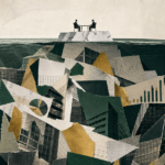 Cut-paper collage of two negotiators seated at a table on the small visible tip of an iceberg, with a vast submerged mass of documents, charts and office buildings below the waterline