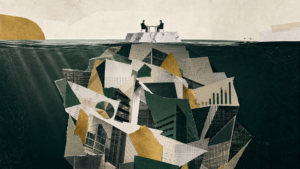 Cut-paper collage of two negotiators seated at a table on the small visible tip of an iceberg, with a vast submerged mass of documents, charts and office buildings below the waterline