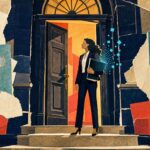Cut-paper collage illustration of a real estate agent holding a portfolio at a grand navy front door, warm light spilling out and blue digital sparks rising