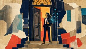 Cut-paper collage illustration of a real estate agent holding a portfolio at a grand navy front door, warm light spilling out and blue digital sparks rising