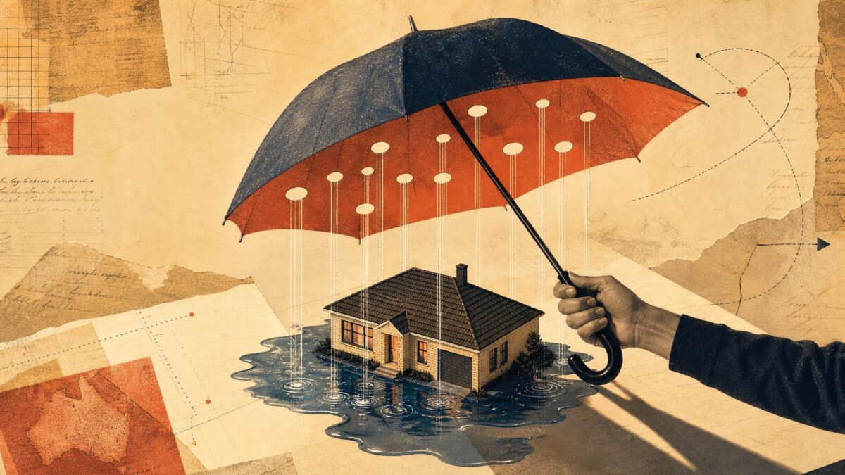 An oversized umbrella held over a miniature Australian suburban home, with rain passing cleanly through precise punched-out gaps in the canopy and pooling around the rooftop below.