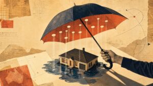An oversized umbrella held over a miniature Australian suburban home, with rain passing cleanly through precise punched-out gaps in the canopy and pooling around the rooftop below.