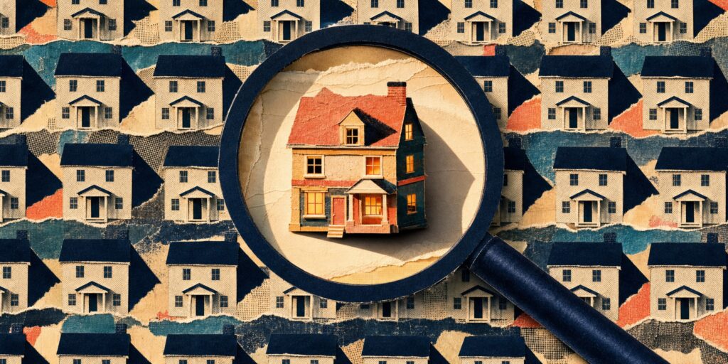 Cut-paper collage of a magnifying glass hovering over rows of identical stamped houses, with one warmly lit, hand-crafted house standing out under the lens
