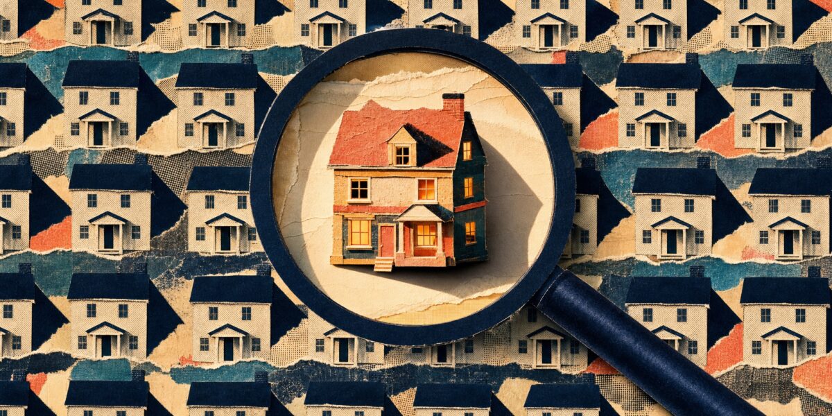 Cut-paper collage of a magnifying glass hovering over rows of identical stamped houses, with one warmly lit, hand-crafted house standing out under the lens