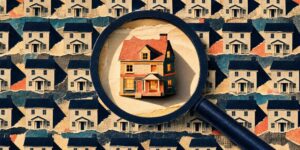 Cut-paper collage of a magnifying glass hovering over rows of identical stamped houses, with one warmly lit, hand-crafted house standing out under the lens