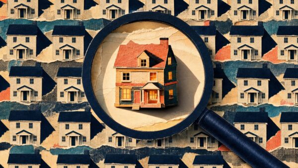 Cut-paper collage of a magnifying glass hovering over rows of identical stamped houses, with one warmly lit, hand-crafted house standing out under the lens