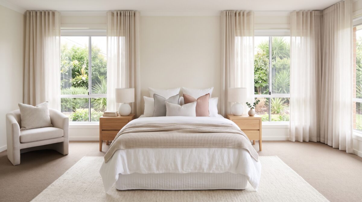 A styled bedroom with white linen bedding, blush and grey cushions, matching oak bedside tables and lamps, framed by sheer curtains and a garden view