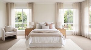 A styled bedroom with white linen bedding, blush and grey cushions, matching oak bedside tables and lamps, framed by sheer curtains and a garden view