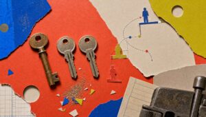Hand-cut paper collage of an original key beside two freshly cut duplicates with metal filings and paper figures climbing a pathway