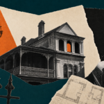 Torn-paper collage of a Victorian terrace house with wrought-iron fence, chandelier shadow and a ghostly figure on a staircase