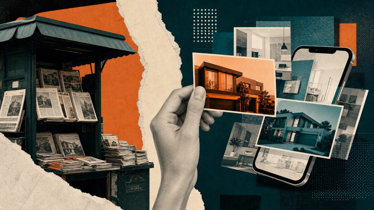 Collage of a newsstand stacked with property newspapers beside a hand holding a photo of a modern home, with more listing photos spilling from a smartphone