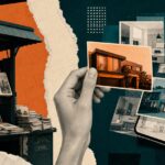 Collage of a newsstand stacked with property newspapers beside a hand holding a photo of a modern home, with more listing photos spilling from a smartphone