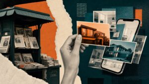 Collage of a newsstand stacked with property newspapers beside a hand holding a photo of a modern home, with more listing photos spilling from a smartphone