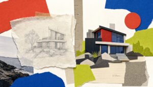 Hand-cut paper collage of a pencil sketch of a house beside the same house finished in cut paper, with a ruler and coastal photo fragments