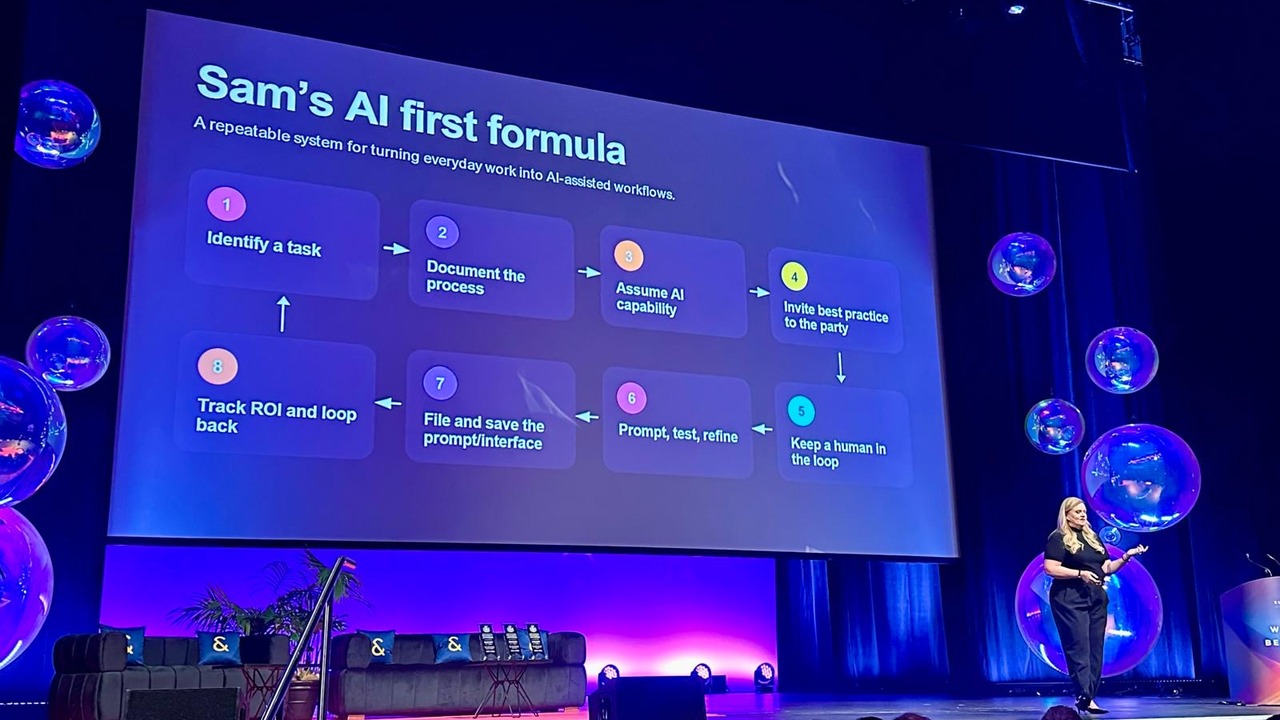 Samantha McLean on stage at Summit 26 beside a slide headed Sam’s AI first formula showing an eight-step loop