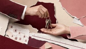 Hand-cut paper collage of one hand passing a set of keys to another over torn organisational charts and a timeline
