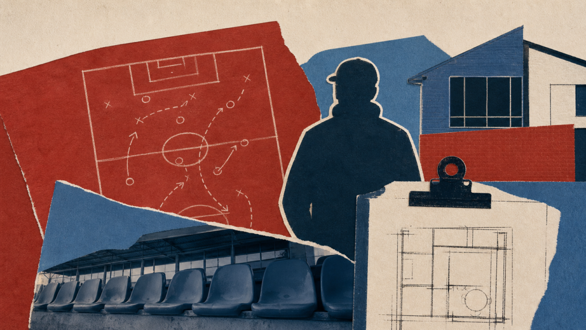 Cut-paper collage of a silhouetted coach in a cap beside a tactics board, empty stadium seating and a clipboard showing a floor plan, in red, blue and cream
