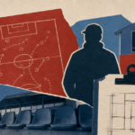 Cut-paper collage of a silhouetted coach in a cap beside a tactics board, empty stadium seating and a clipboard showing a floor plan, in red, blue and cream