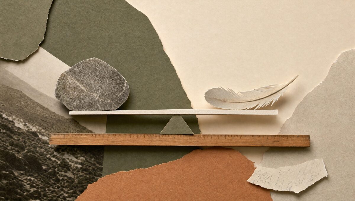 Hand-cut paper collage of a level seesaw balancing a stone and a feather on a wooden ruler, in earthy olive and clay tones