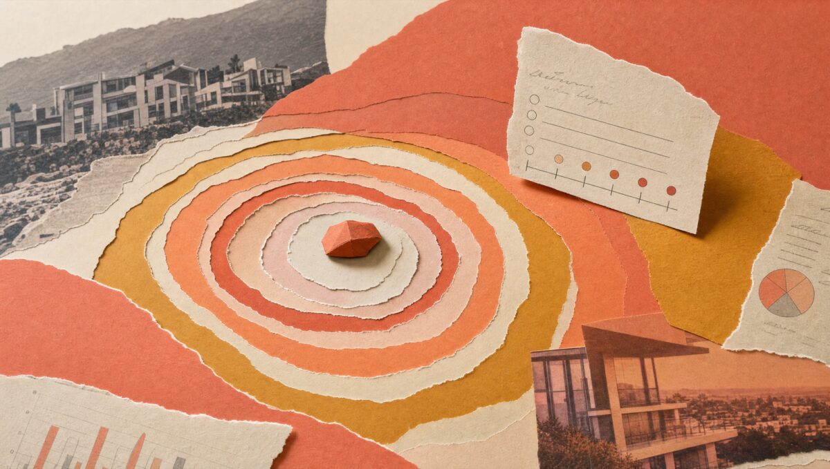 Hand-cut paper collage of a stone dropped into torn-paper ripple rings, with architecture photo fragments and a survey score card