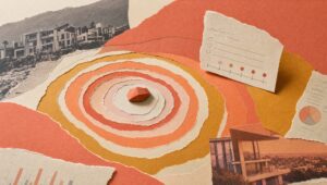 Hand-cut paper collage of a stone dropped into torn-paper ripple rings, with architecture photo fragments and a survey score card