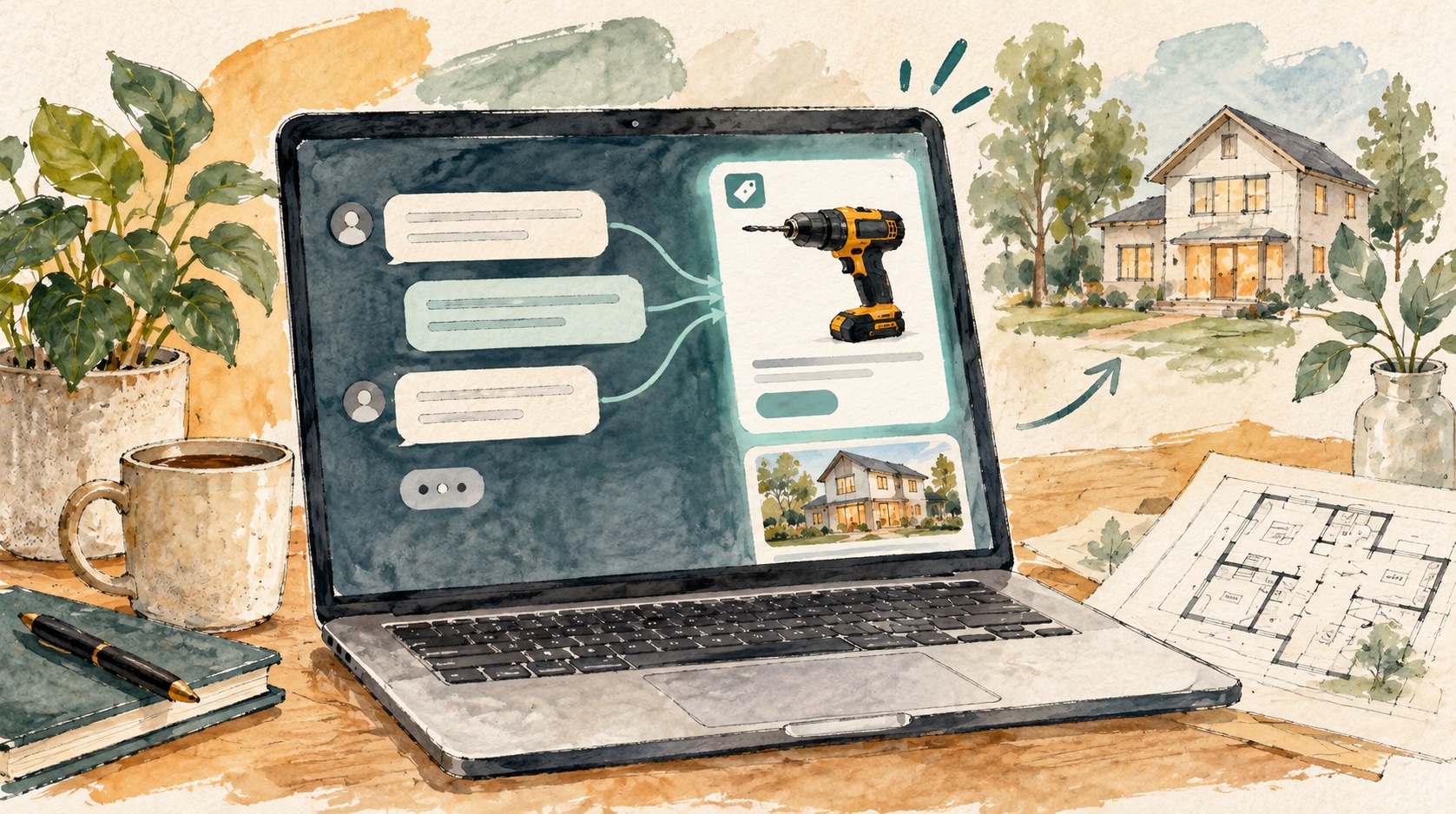 A smartphone chat bubble overlaid on a house for sale sign, showing an AI ad conversation.
